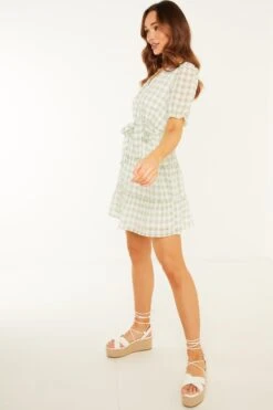 Sage Gingham Wrap Skater Dress -Women Clothing Sales Store 00100029429 XS