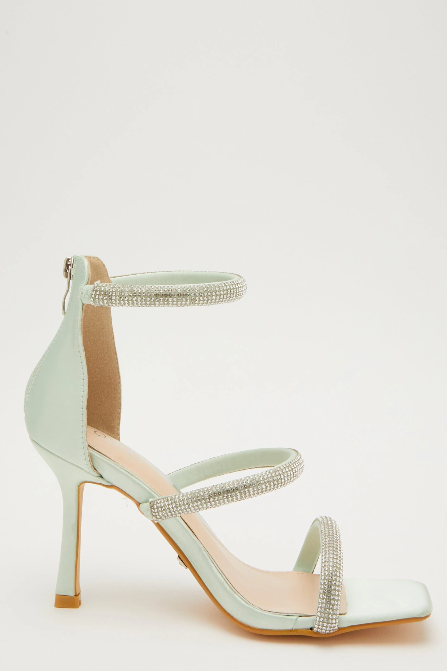 Sage Satin Embellished Heeled Sandals 6 Sage Satin Embellished Heeled Sandals - Image 6