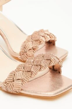 Wide Fit Rose Gold Pleated Block Heeled Sandals -Women Clothing Sales Store 00100033301 ZB