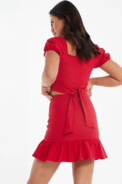 Red Ruched Mini Skirt -Women Clothing Sales Store 00100034082 XB