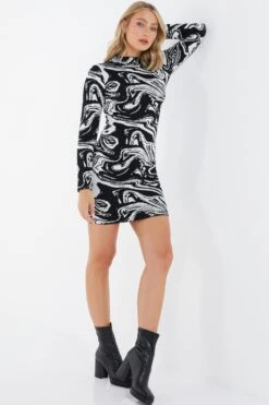Black Marble Print Mini Jumper Dress 9 Black Marble Print Mini Jumper Dress -Women Clothing Sales Store 00100034803 XS