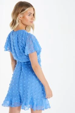 Petite Blue Chiffon Polka Dot Skater Dress -Women Clothing Sales Store 00100034937 XB
