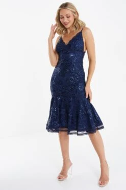 Navy Sequin Lace Midi Dress -Women Clothing Sales Store 00100034965 XM