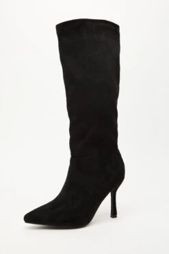 Black Faux Suede Knee High Heeled Boots -Women Clothing Sales Store 00100035066 XB