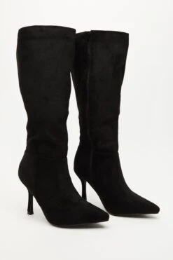 Black Faux Suede Knee High Heeled Boots -Women Clothing Sales Store 00100035066 XS