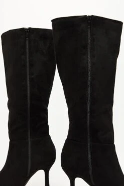 Black Faux Suede Knee High Heeled Boots -Women Clothing Sales Store 00100035066 ZB