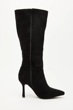 Black Faux Suede Knee High Heeled Boots -Women Clothing Sales Store 00100035066 ZS