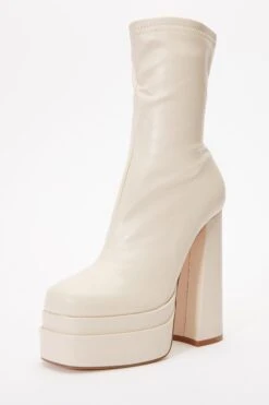 White Faux Leather Platform Heeled Boots -Women Clothing Sales Store 00100035135 XB
