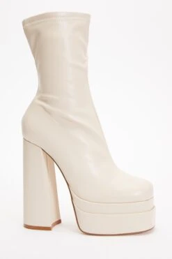 White Faux Leather Platform Heeled Boots -Women Clothing Sales Store 00100035135 XM