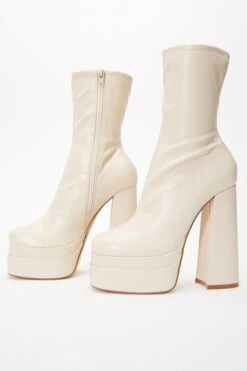 White Faux Leather Platform Heeled Boots -Women Clothing Sales Store 00100035135 XS