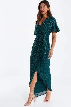 Green Sequin Batwing Maxi Dress -Women Clothing Sales Store 00100035142 XS