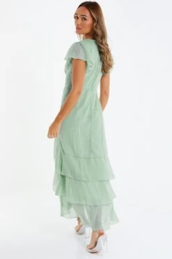 Sage Metallic Chiffon Tiered Maxi Dress -Women Clothing Sales Store 00100035474 XB