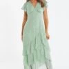 Sage Metallic Chiffon Tiered Maxi Dress -Women Clothing Sales Store 00100035474 XM