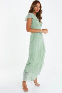 Sage Metallic Chiffon Tiered Maxi Dress -Women Clothing Sales Store 00100035474 XS