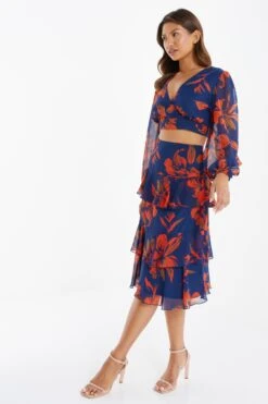 Orange Floral Chiffon Tiered Midi Skirt -Women Clothing Sales Store 00100035490 XS