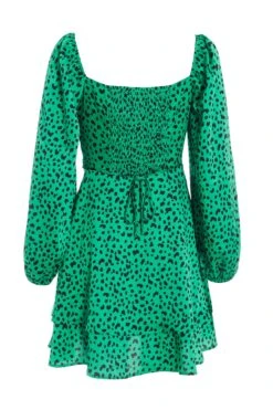 Green Animal Print Skater Dress -Women Clothing Sales Store 00100035494 ZB