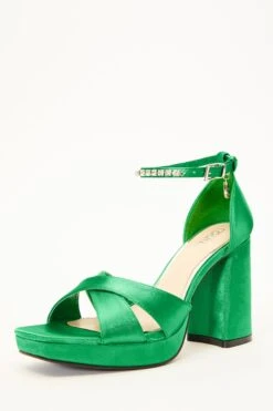 Green Satin Jewel Platform Heeled Sandals -Women Clothing Sales Store 00100035676 XB