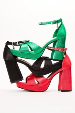 Green Satin Jewel Platform Heeled Sandals -Women Clothing Sales Store 00100035676 XM