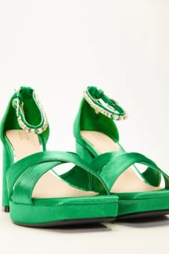 Green Satin Jewel Platform Heeled Sandals -Women Clothing Sales Store 00100035676 XS