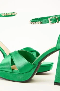 Green Satin Jewel Platform Heeled Sandals -Women Clothing Sales Store 00100035676 ZB