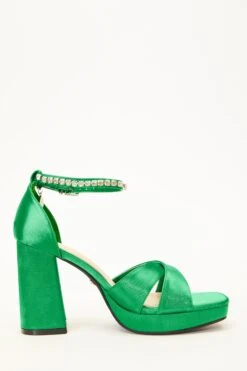 Green Satin Jewel Platform Heeled Sandals -Women Clothing Sales Store 00100035676 ZS