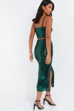 Green Sequin Ruched Midi Skirt -Women Clothing Sales Store 00100035712 XB
