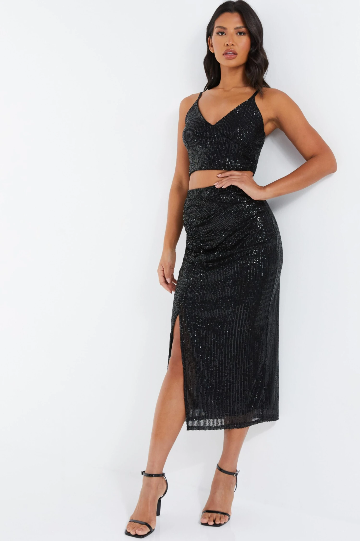 Black Sequin Ruched Midi Skirt 2 Black Sequin Ruched Midi Skirt - Image 2