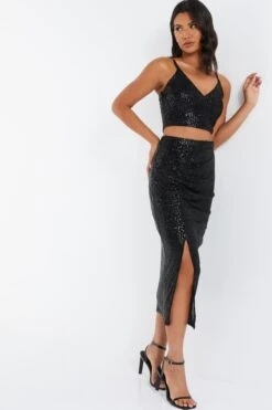 Black Sequin Ruched Midi Skirt 9 Black Sequin Ruched Midi Skirt -Women Clothing Sales Store 00100035714 XS