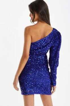 Royal Blue Sequin One Shoulder Mini Dress 8 Royal Blue Sequin One Shoulder Mini Dress -Women Clothing Sales Store 00100035762 XB