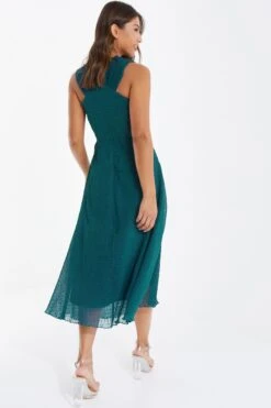 Teal Chiffon Crinkle Halter Neck Midi Dress -Women Clothing Sales Store 00100035778 XB