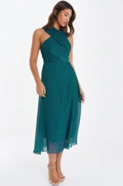 Teal Chiffon Crinkle Halter Neck Midi Dress -Women Clothing Sales Store 00100035778 XS