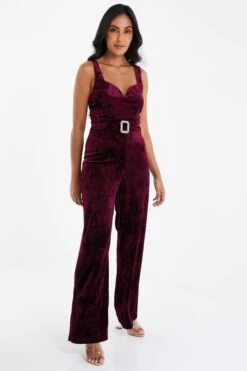 Petite Berry Velvet Palazzo Jumpsuit -Women Clothing Sales Store 00100035786 XS