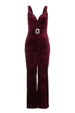 Petite Berry Velvet Palazzo Jumpsuit