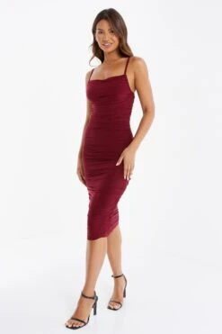 Wine Ruched Bodycon Midi Dress -Women Clothing Sales Store 00100035792 XS