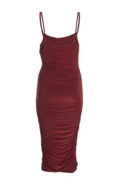 Wine Ruched Bodycon Midi Dress -Women Clothing Sales Store 00100035792 ZB