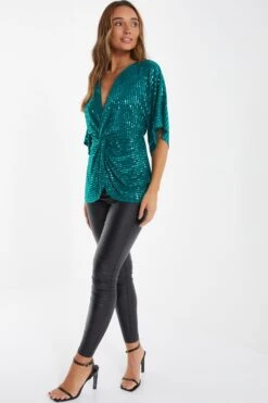 Teal Sequin Batwing Top -Women Clothing Sales Store 00100035804 XS