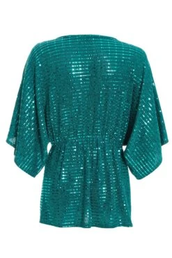 Teal Sequin Batwing Top -Women Clothing Sales Store 00100035804 ZB