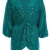 Teal Sequin Batwing Top -Women Clothing Sales Store 00100035804 ZM