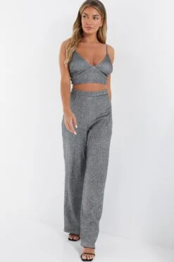 Silver Glitter Palazzo Trousers 9 Silver Glitter Palazzo Trousers -Women Clothing Sales Store 00100035844 XS