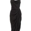 Black Satin Ruched Midi Dress -Women Clothing Sales Store 00100035851 ZM