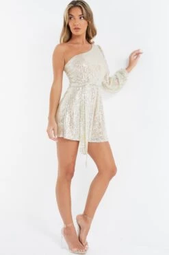 Champagne Sequin One Shoulder Playsuit 9 Champagne Sequin One Shoulder Playsuit -Women Clothing Sales Store 00100035913 XS