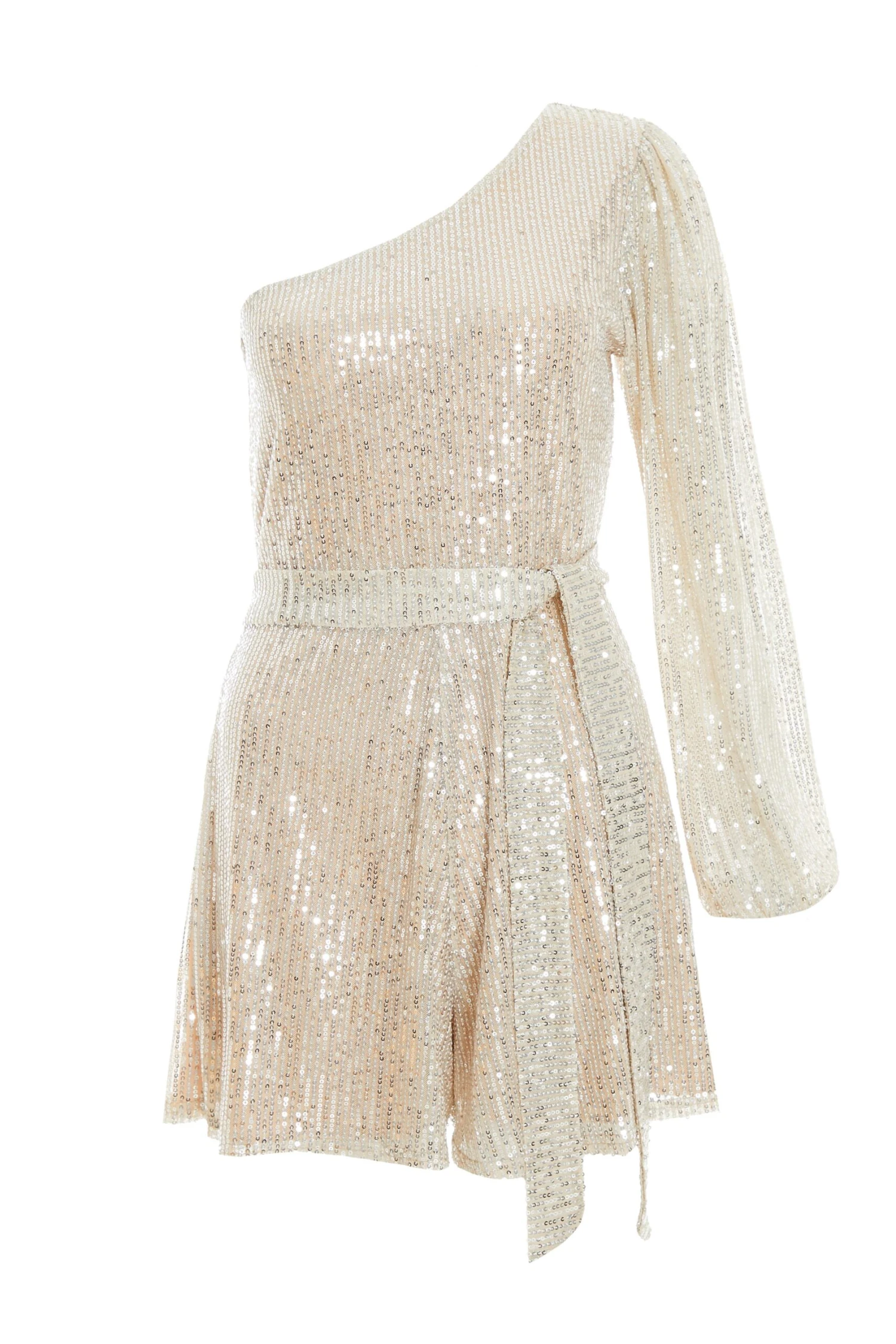 Champagne Sequin One Shoulder Playsuit 1 Champagne Sequin One Shoulder Playsuit