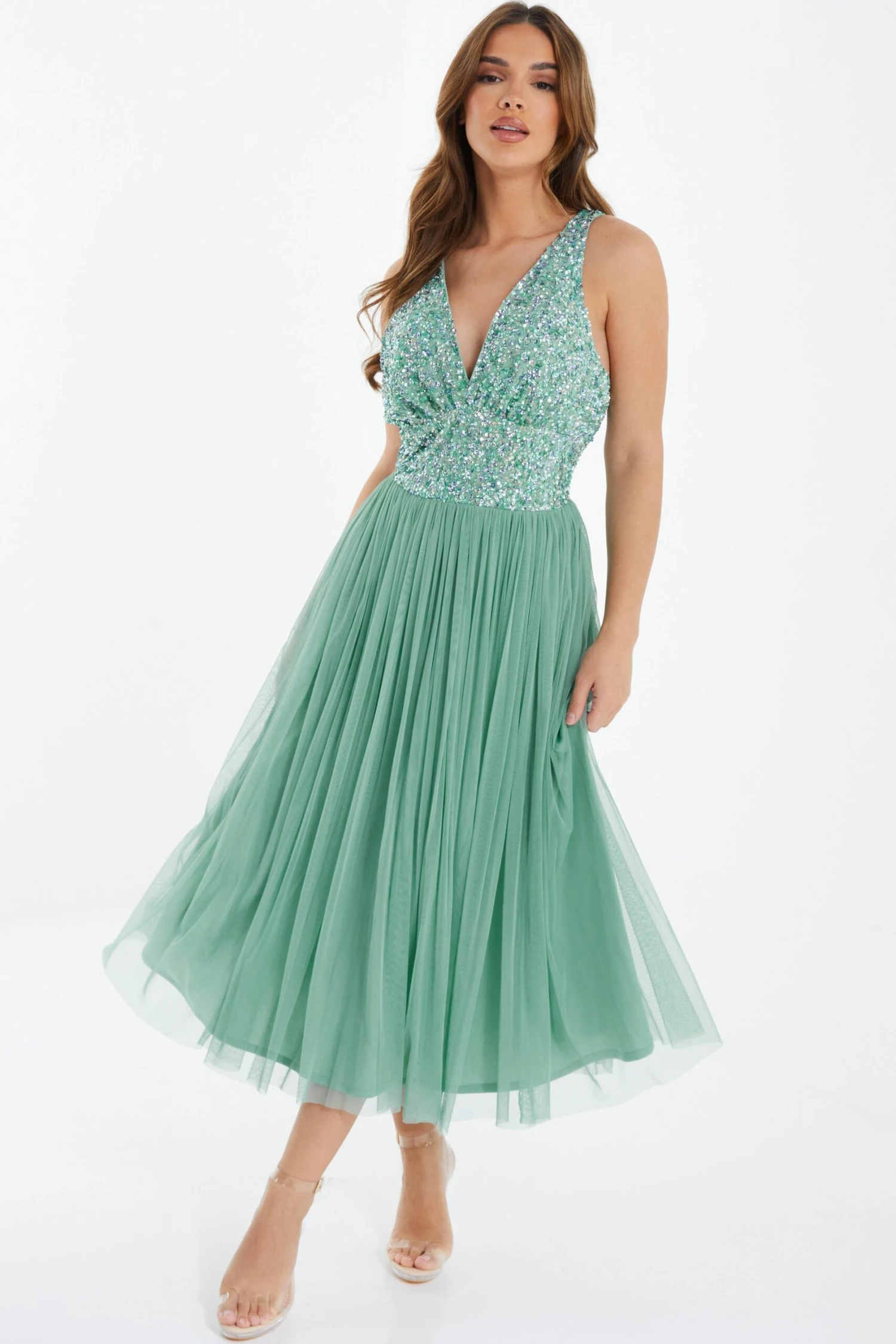 Green Sequin Tulle Midi Dress 2 Green Sequin Tulle Midi Dress - Image 2