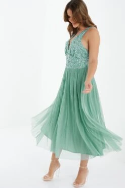 Green Sequin Tulle Midi Dress 9 Green Sequin Tulle Midi Dress -Women Clothing Sales Store 00100035920 XS