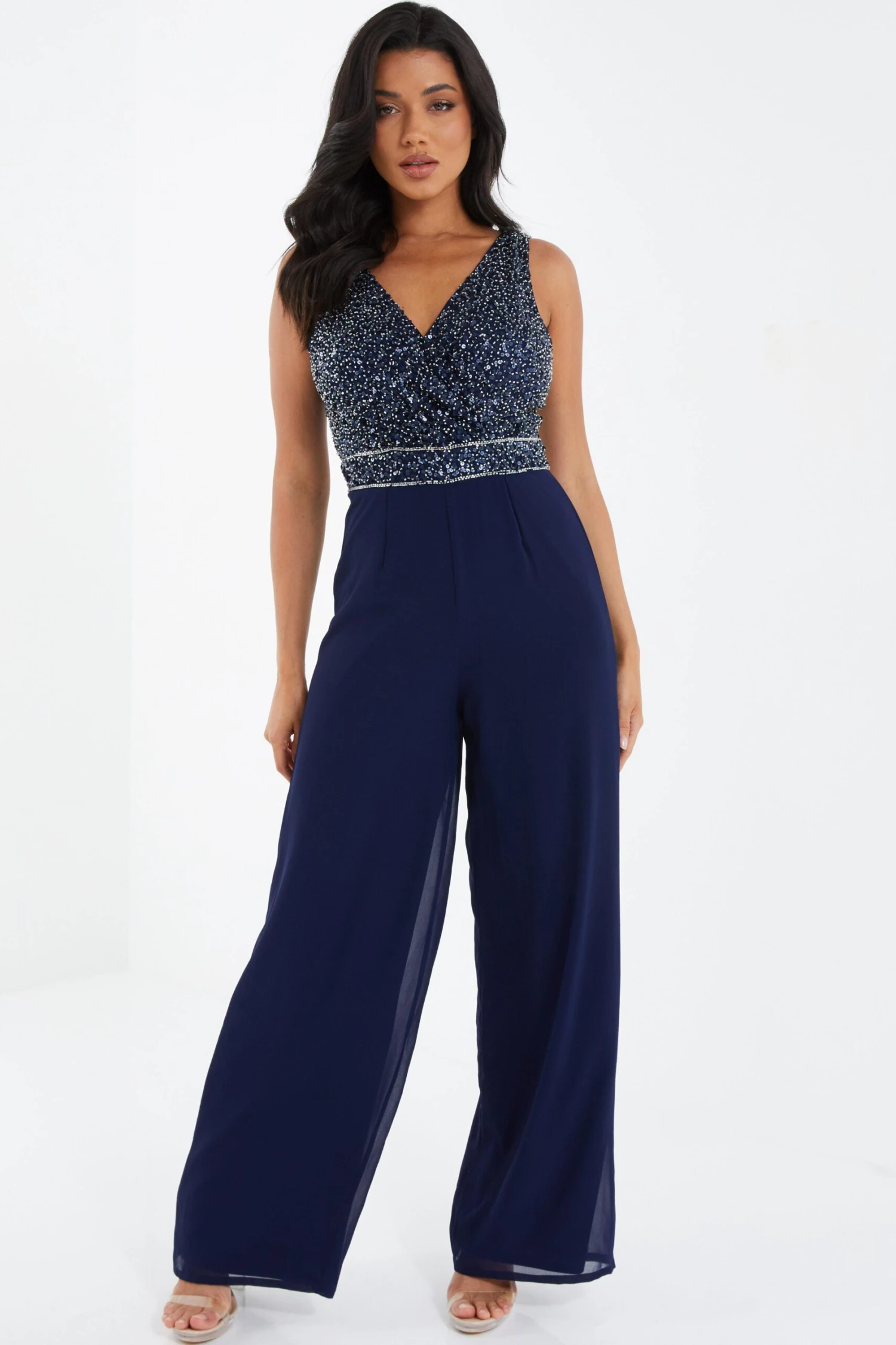 Navy Chiffon Embellished Palazzo Jumpsuit 2 Navy Chiffon Embellished Palazzo Jumpsuit - Image 2