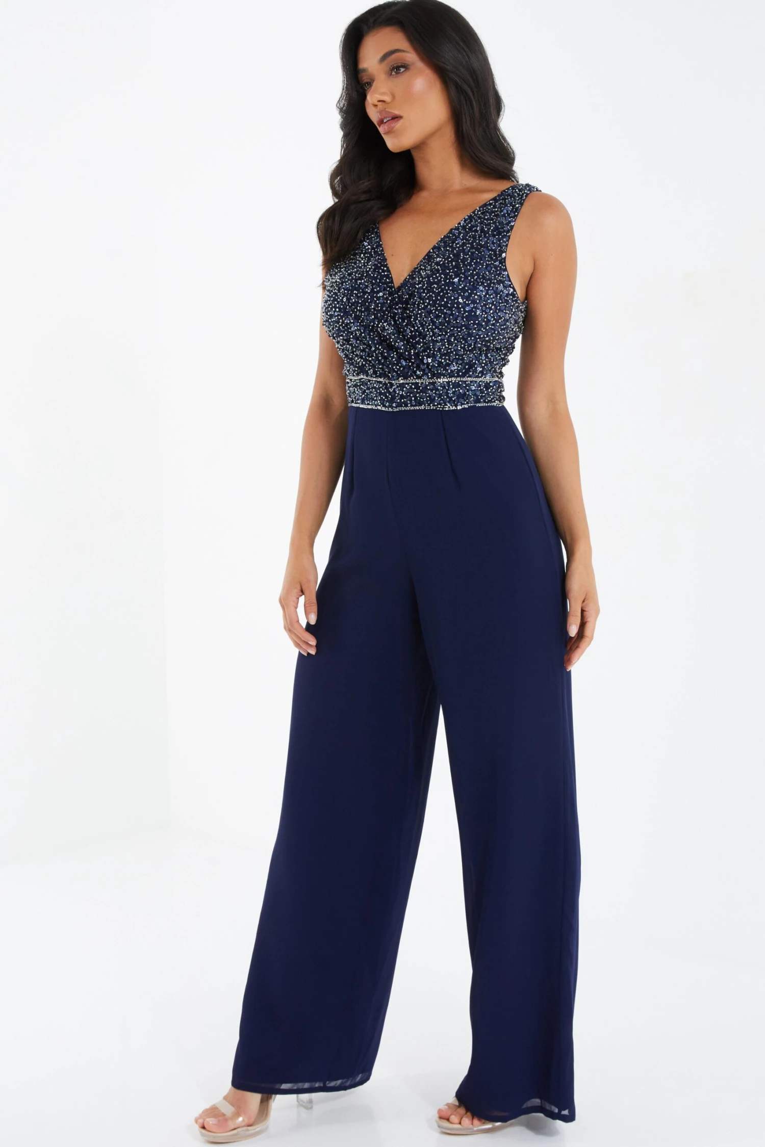 Navy Chiffon Embellished Palazzo Jumpsuit 4 Navy Chiffon Embellished Palazzo Jumpsuit - Image 4