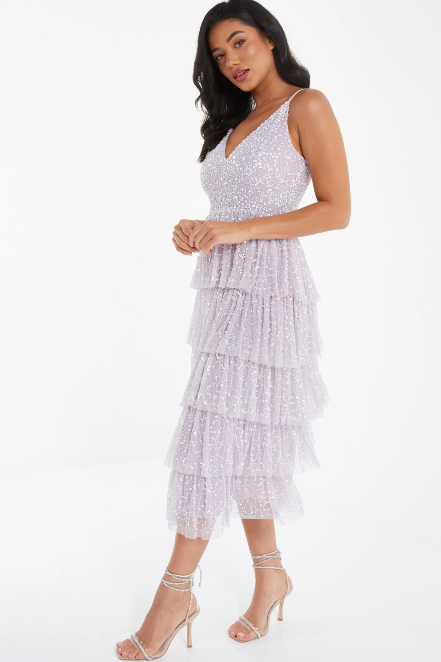 Lilac Sequin Tiered Midi Dress 4 Lilac Sequin Tiered Midi Dress - Image 4