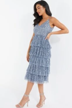 Blue Sequin Tiered Midi Dress -Women Clothing Sales Store 00100035928 XS