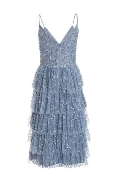 Blue Sequin Tiered Midi Dress -Women Clothing Sales Store 00100035928 ZB