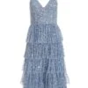 Blue Sequin Tiered Midi Dress
